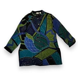 Chicos Boho Jacket Silk Rayon Art to Wear Appliqué Long size 2/US Large Vintage